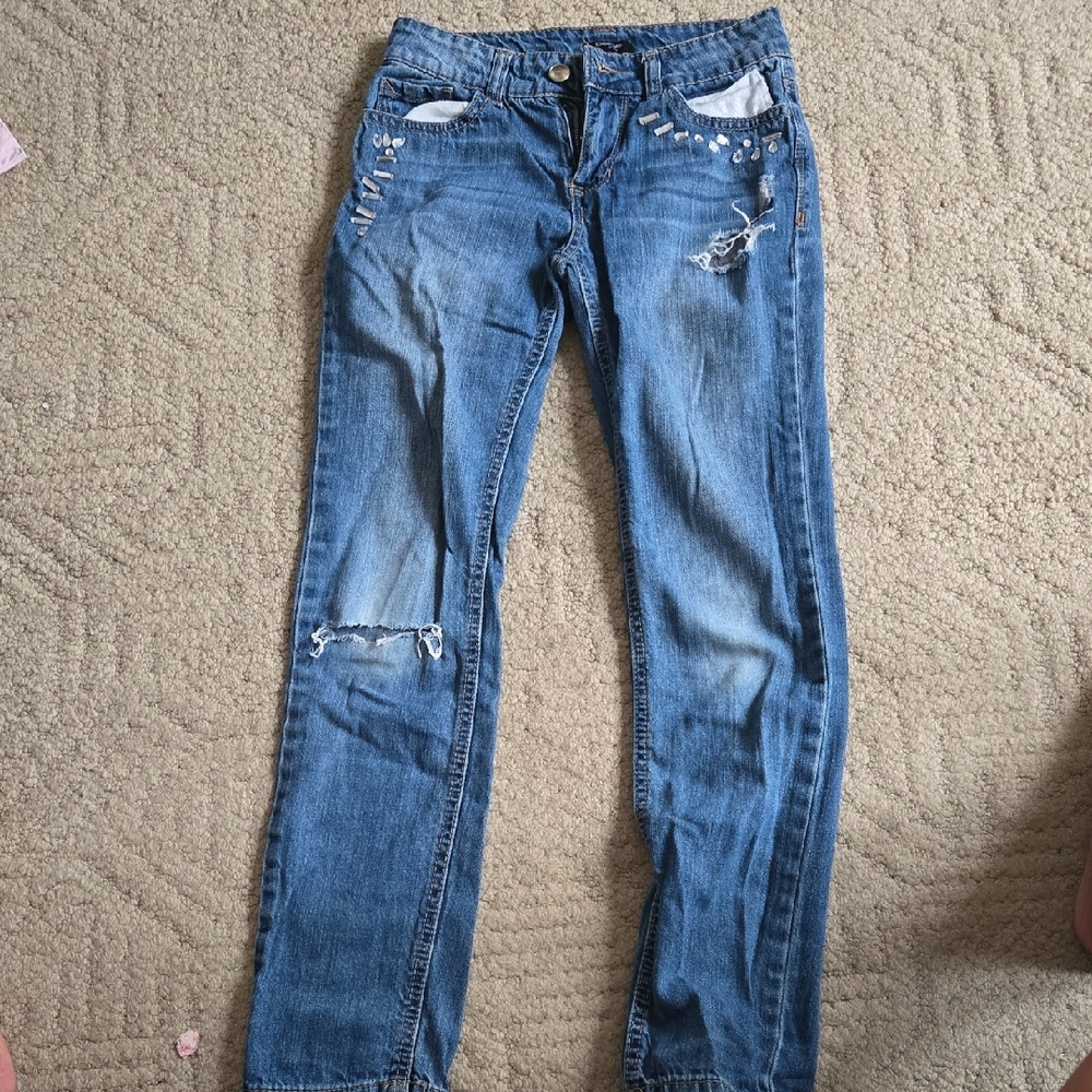 Bebe Girls Blue Distressed Straight Leg Jeans Size 10